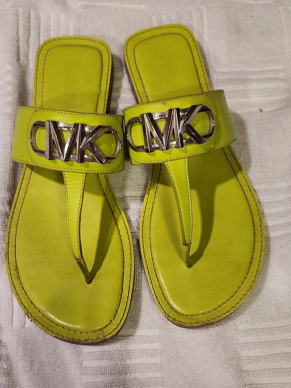 Michael Kors Neon Lime Thong Sandals with Silver MK Logo